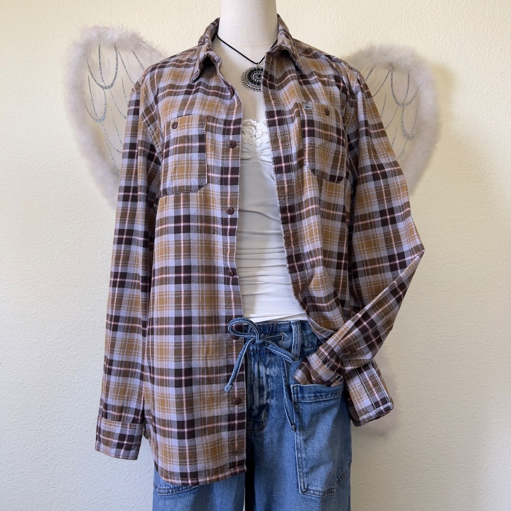 Indie Skater Grunge Plaid Flannel‎ Shirt Button Up Long Sleeve Dad Brown Mustard